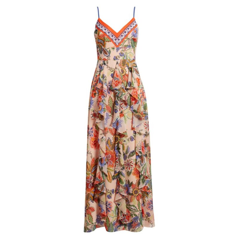 Eliza J Womens Printed V-Neck Ruffe-Trim Maxi Dress 8 Blush Multi - NWT